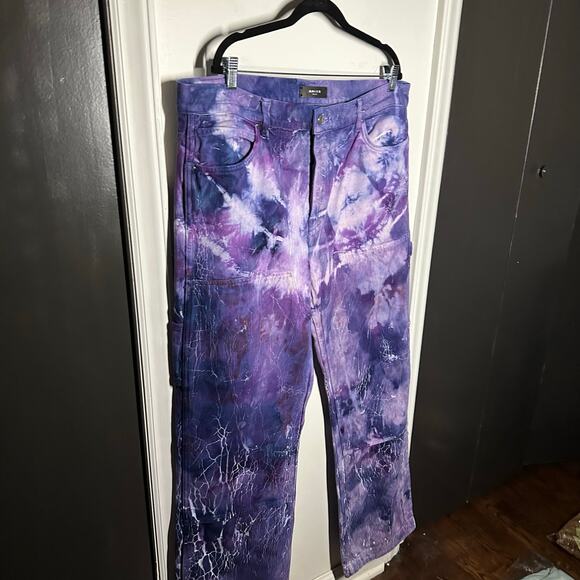 NEW Amiri Men's Cracked Tie Dye Carpenter Purple White Flare Wide Jeans Size 38 - Picture 10 of 16